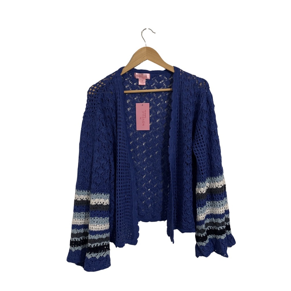 Blue Crochet Open Cardigan with Striped Sleeves